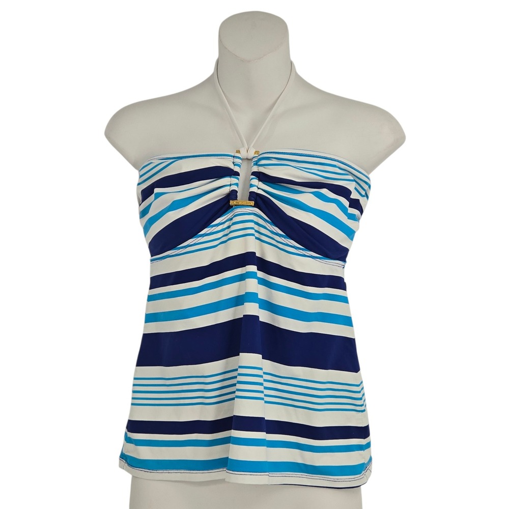 Lauren Ralph Lauren Tankini Swim Top Women 10 Striped Halter Blue White Nautical